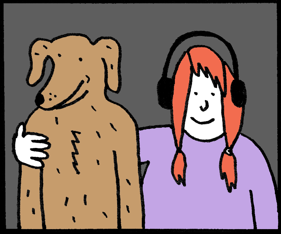A cartoon drawing of a woman with her arms around her dog. 