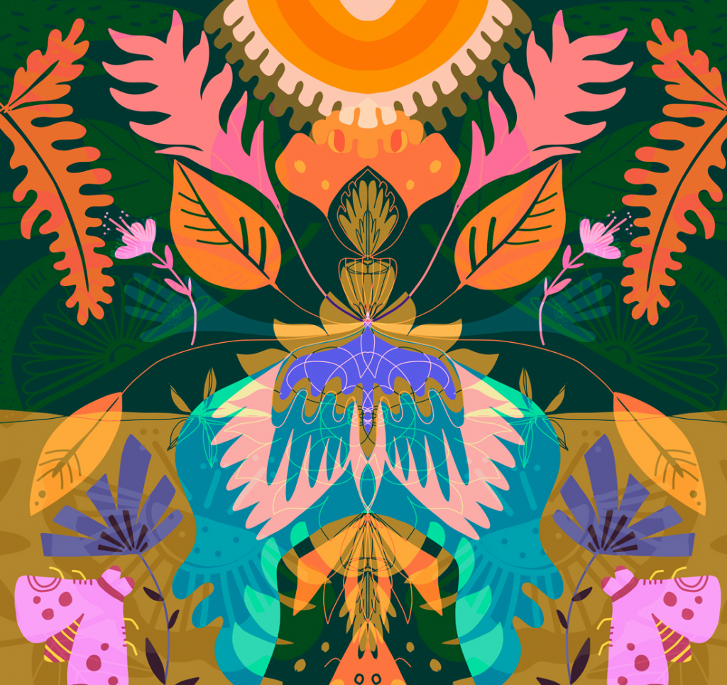 A colorful design pattern of flowers and bugs. 