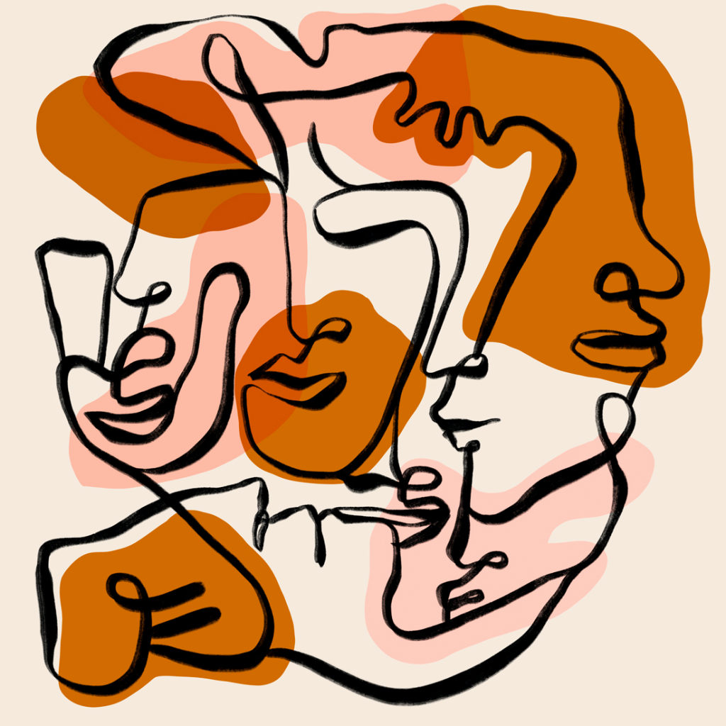 An abstract drawing of faces. 
