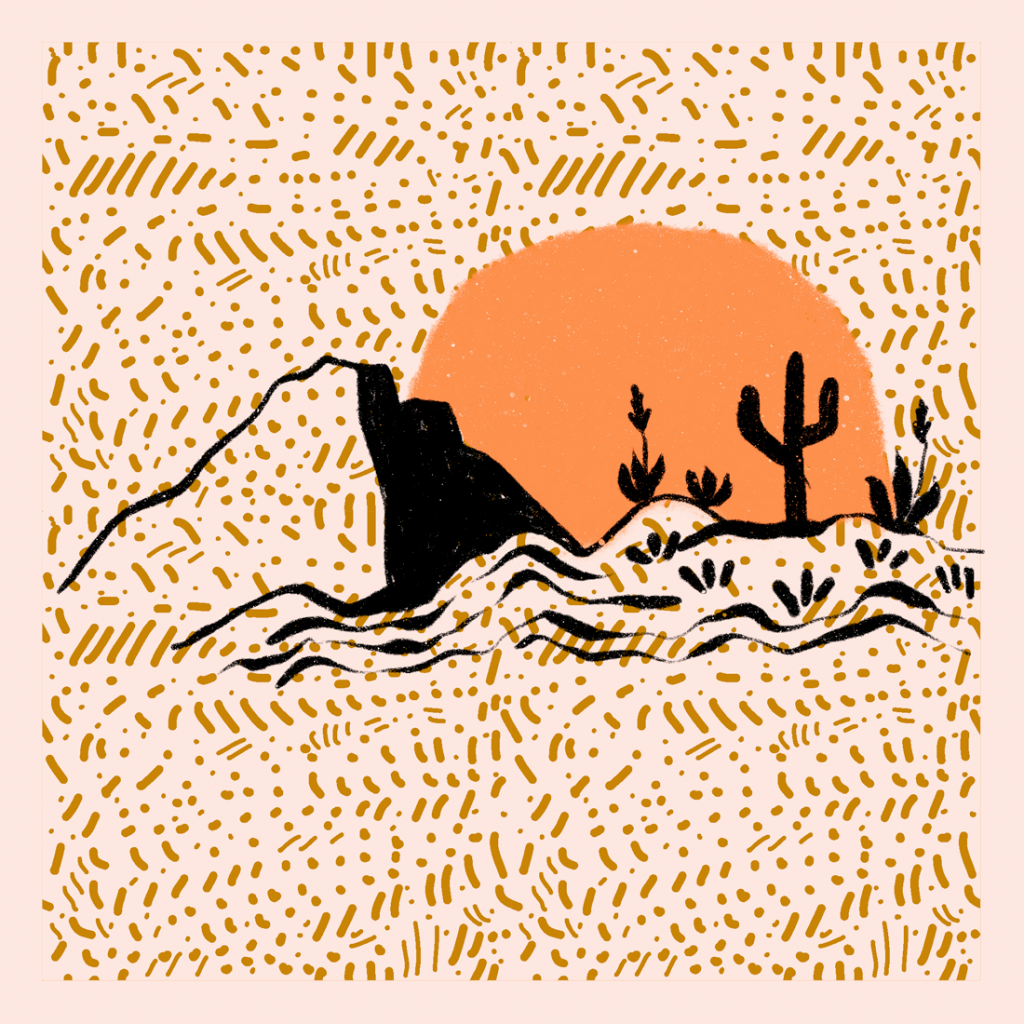 A drawing of a desert scene with an orange sunset.  