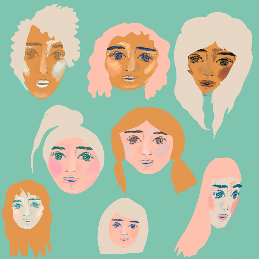 Drawings of various women's faces. 