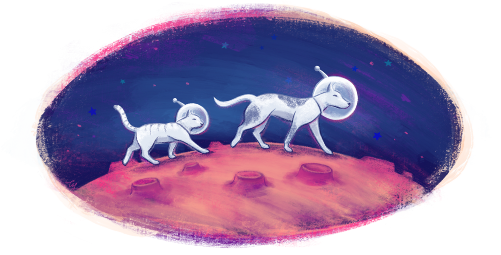 A cartoon cat and dog walk on the surface of the moon