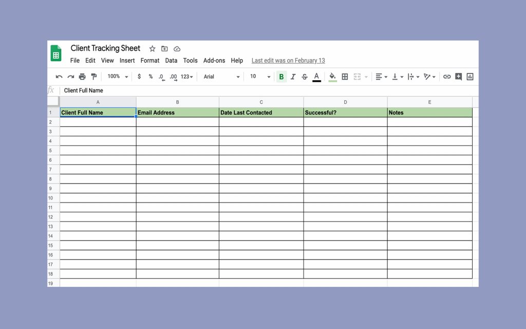Client tracking sheet template