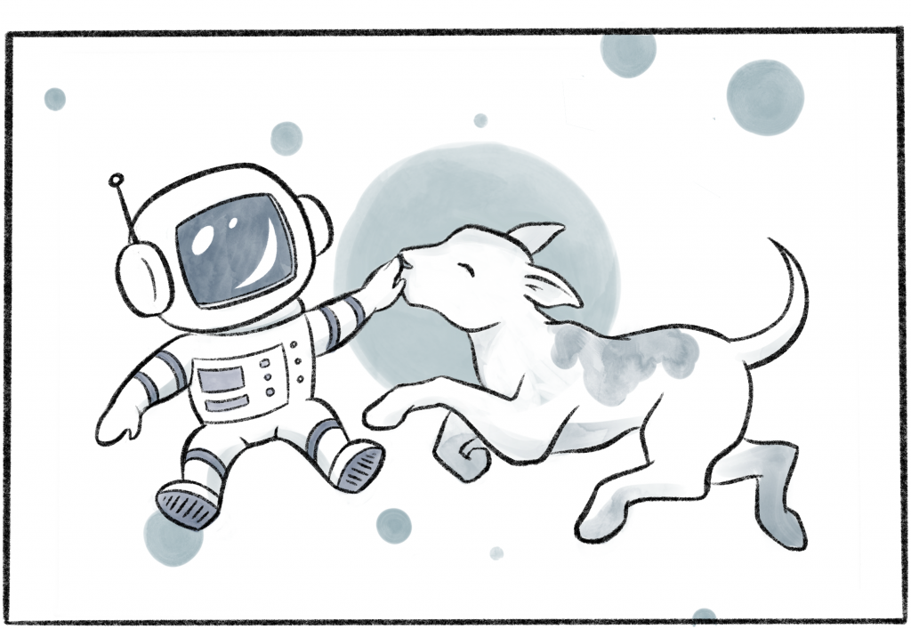 A cartoon dog kisses the hand of a cartoon astronaut. 