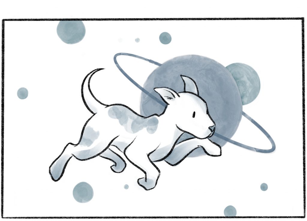 A cartoon dog flies through space. 