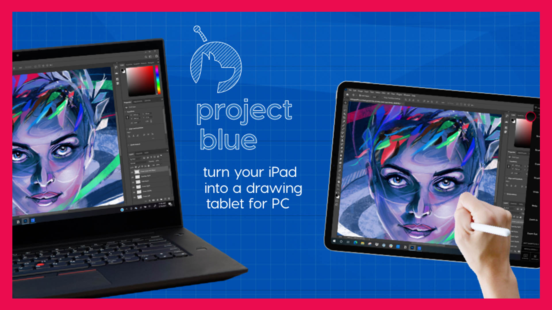 A tablet and computer with a digital drawing of a woman's colorful face