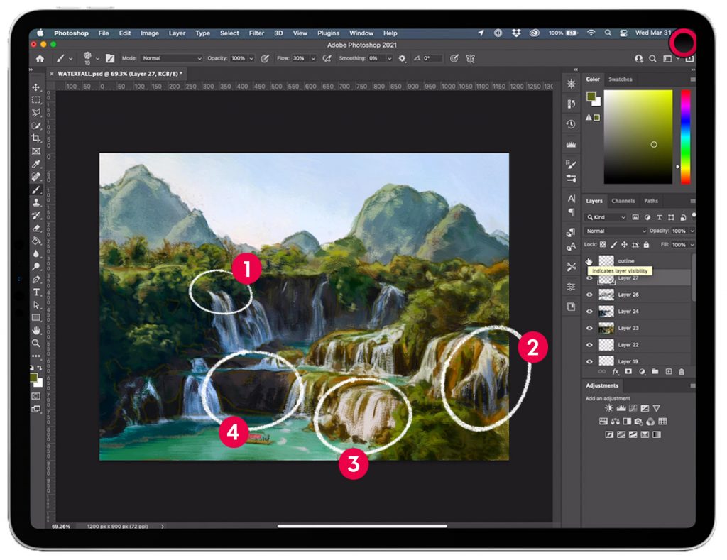 A digitally painted landscape with four shaded sections highlighted with white circles. 