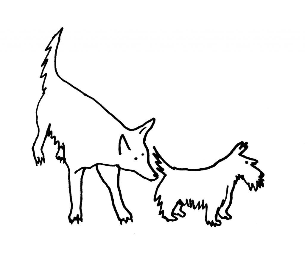 A cartoon of a dog sniffing another dog's butt