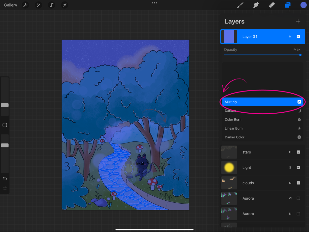 A screenshot of the Procreate app that shows the blending modes. 