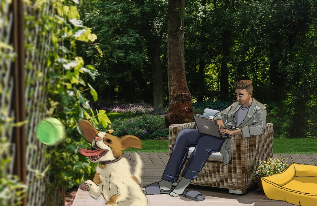 An illustration a man working on his laptop in the backyard while his dog plays
