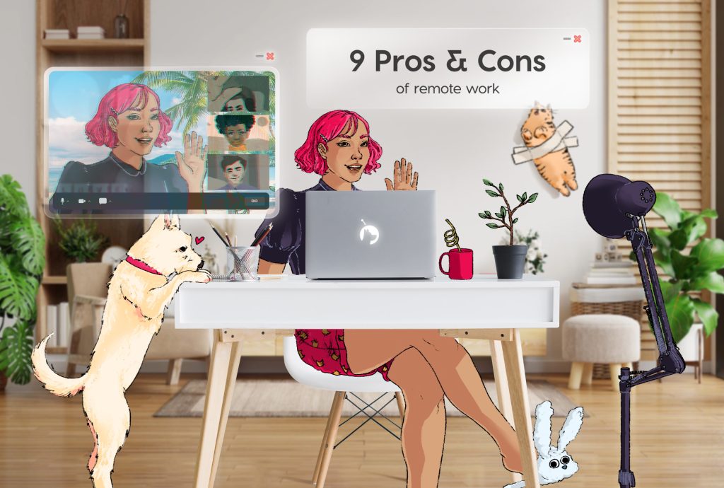 An illustration of a woman working from home on her laptop with pets