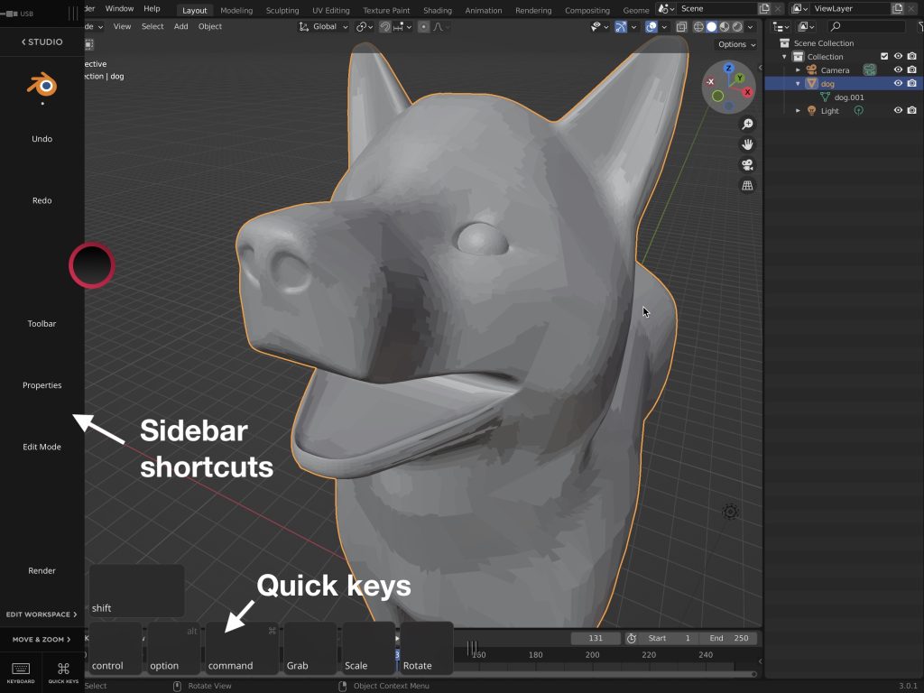 Example of Astropad Studio Sidebar Shortcuts and quick keys in Blender