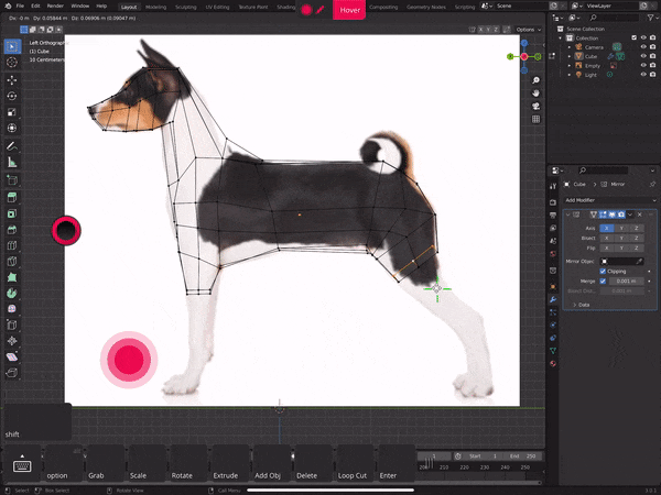 A gif showing an extrusion and scaling of vertices to encompass the legs of a dog model