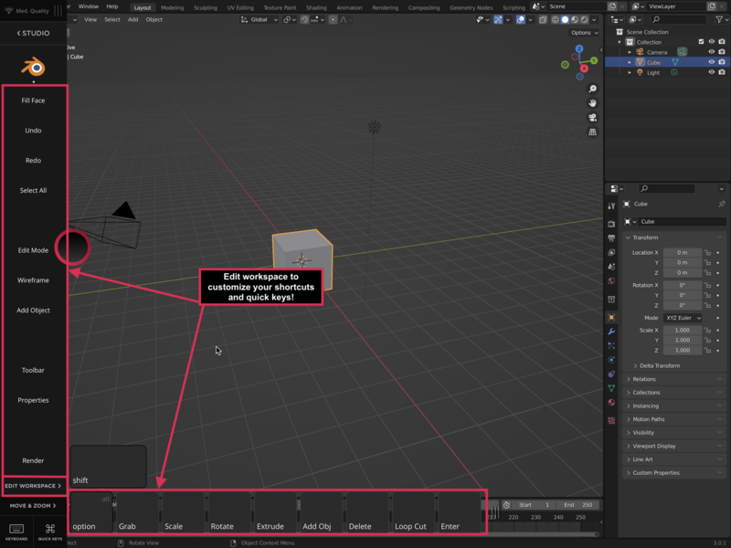 Example of an Astropad Studio workspace for Blender