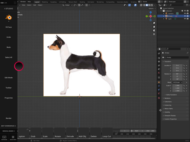 A reference image of a dog in Blender