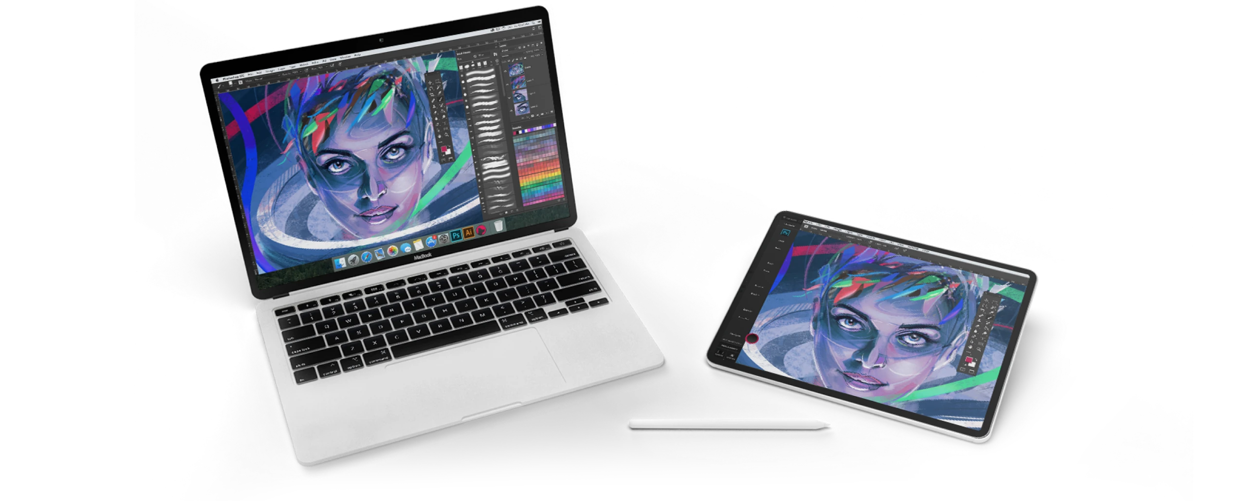 A Mac and iPad next to each other with an illustration of a woman on each device