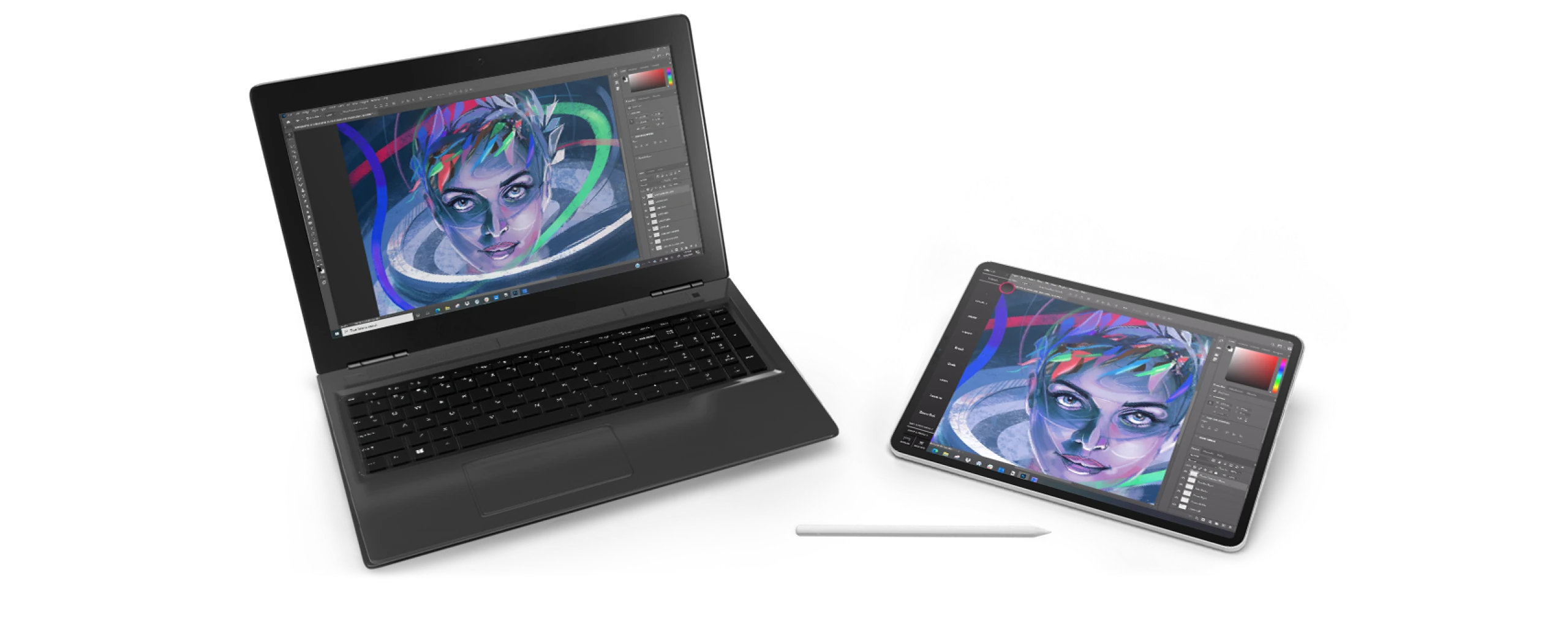 A PC and iPad next to each other with an illustration of a woman on each device