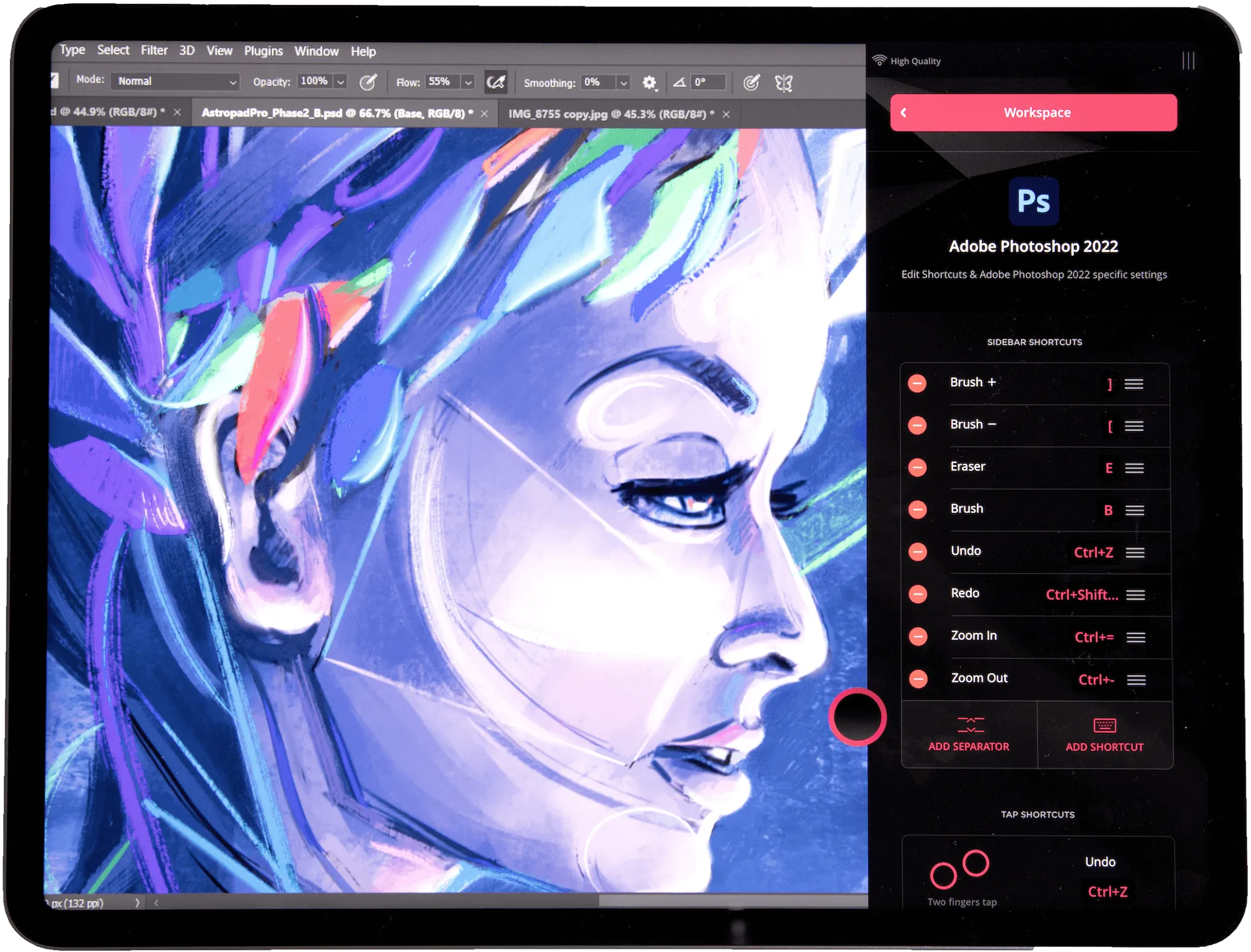 An iPad with an illustration of a woman showing the Astropad Studio shortcut sidebar