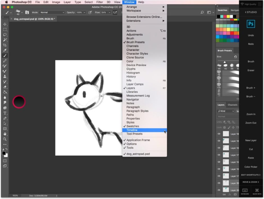 Photoshop interface with illustration of dog
