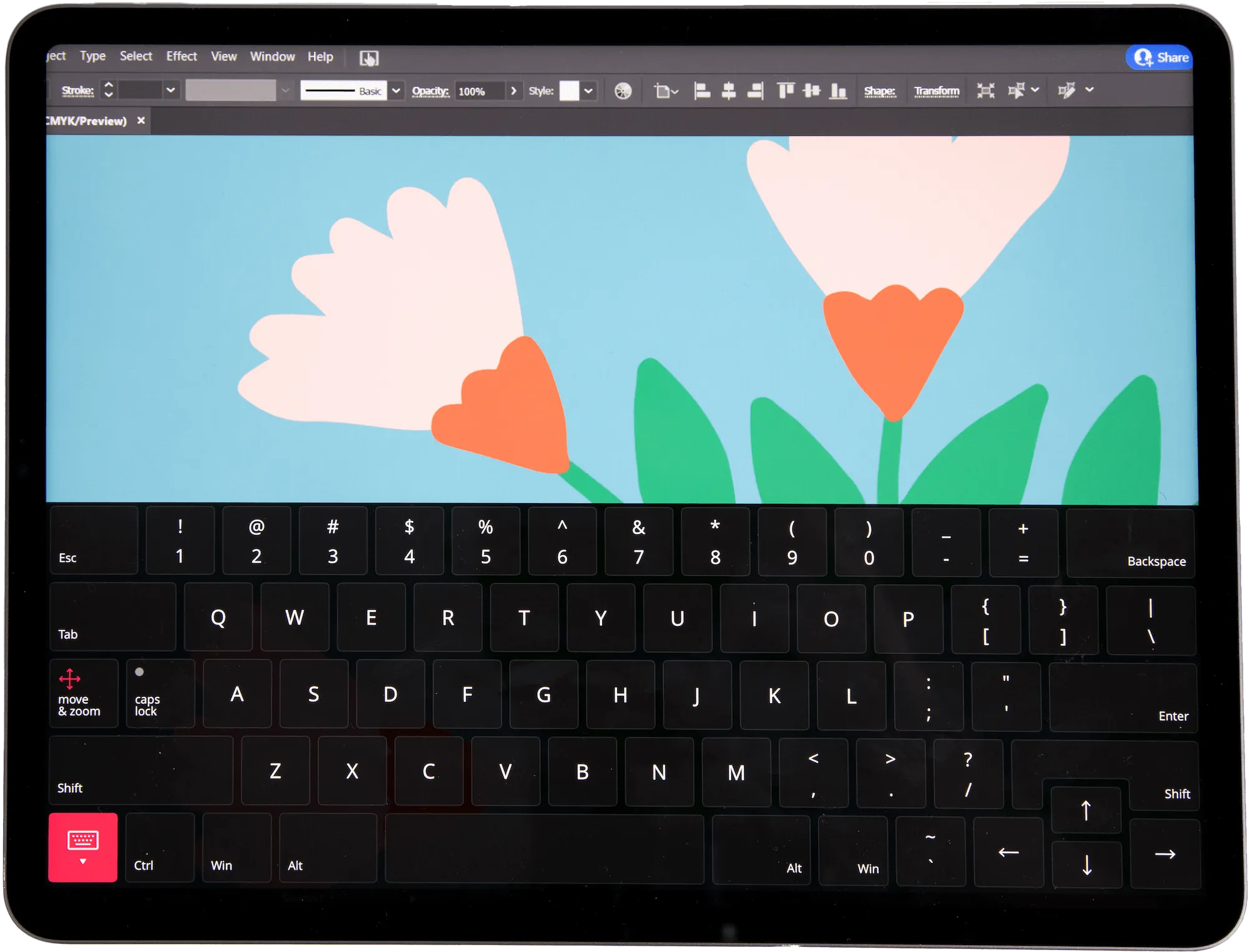 An iPad with an illustration of a flower pattern showing the Astropad Studio keyboard
