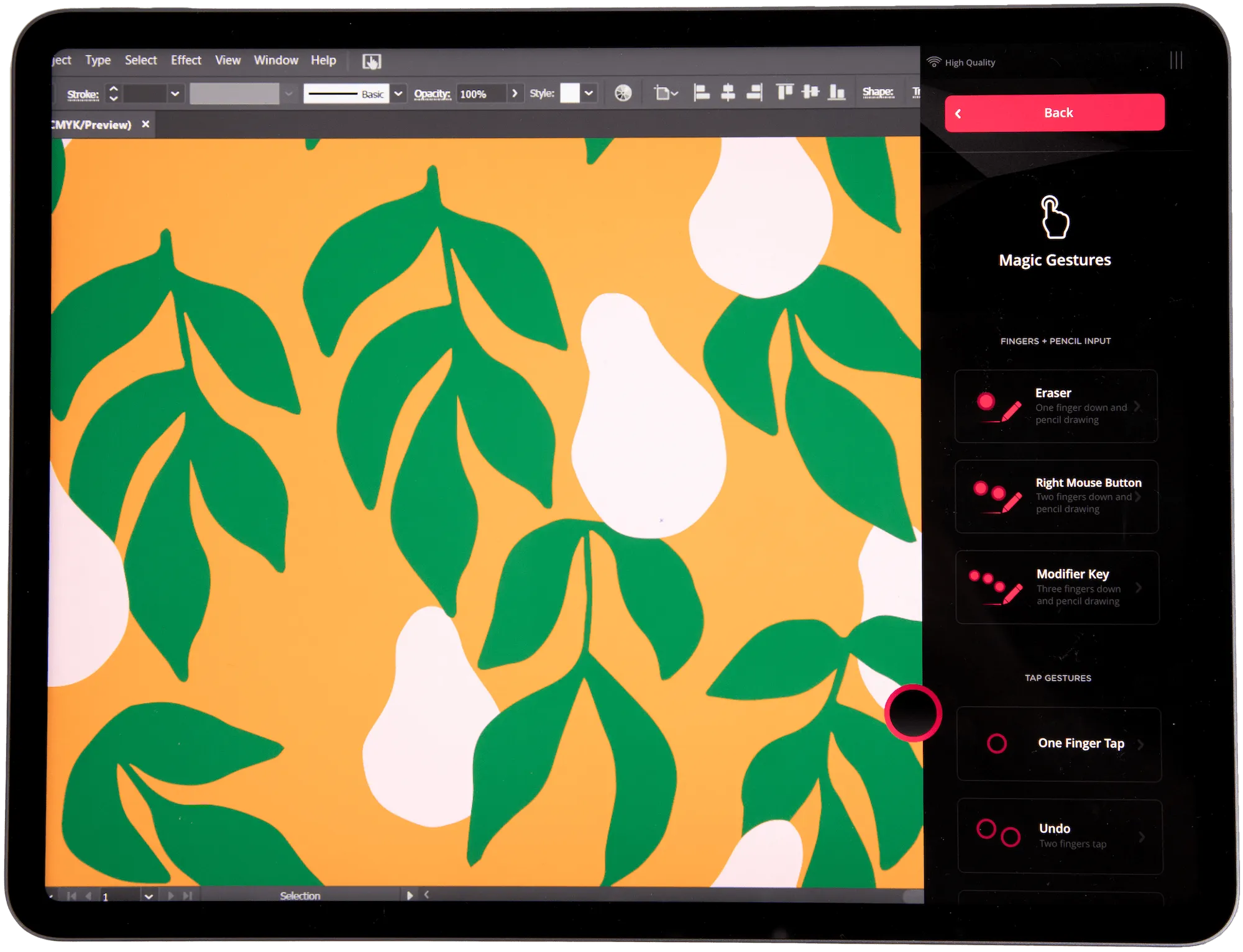 An iPad with an illustration of a fruit pattern showing the Astropad Studio UI
