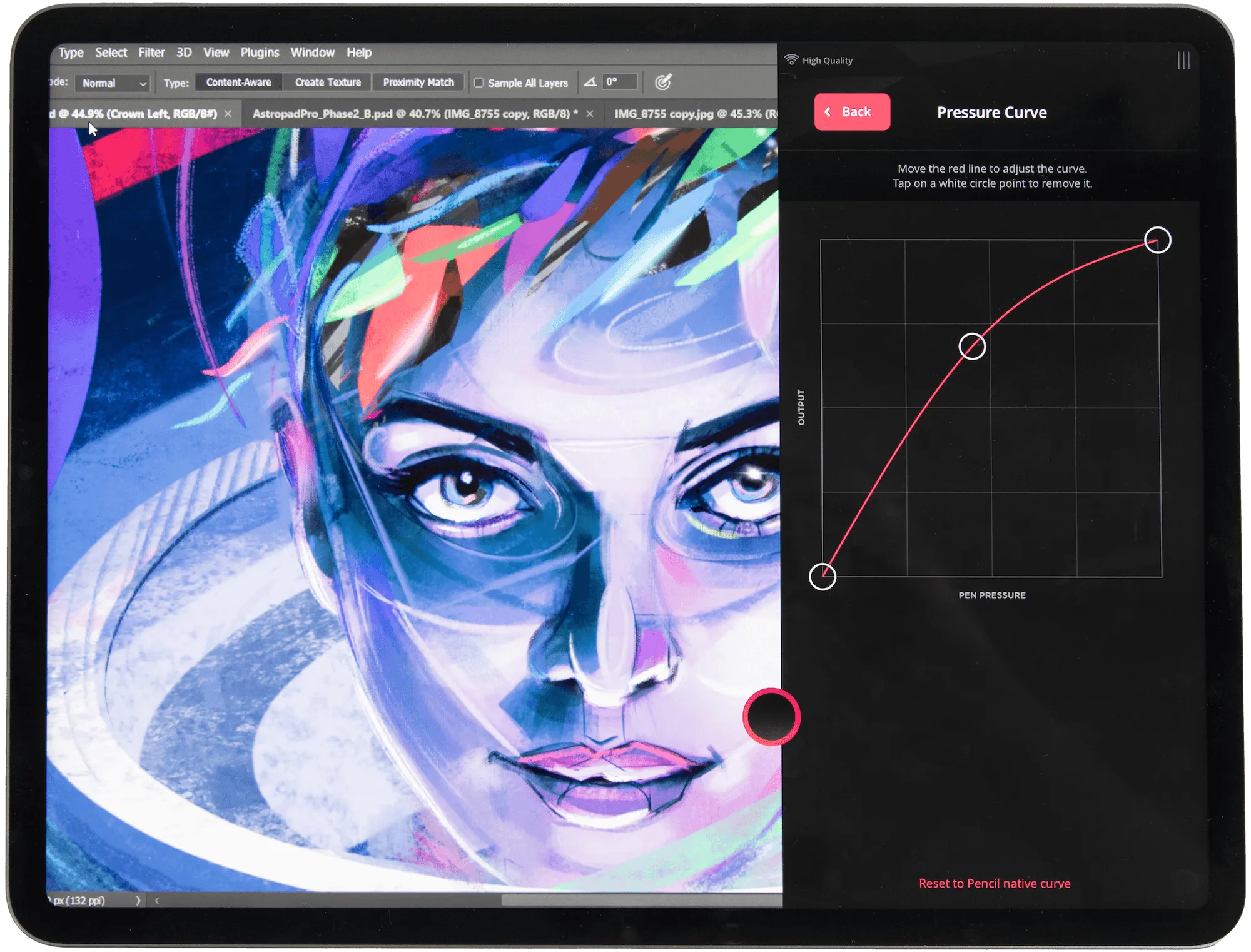 An iPad with an illustration of a woman showing the Astropad Studio pressure curve editor