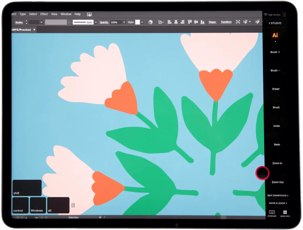 An iPad with an illustration of a flower pattern showing the Astropad Studio UI