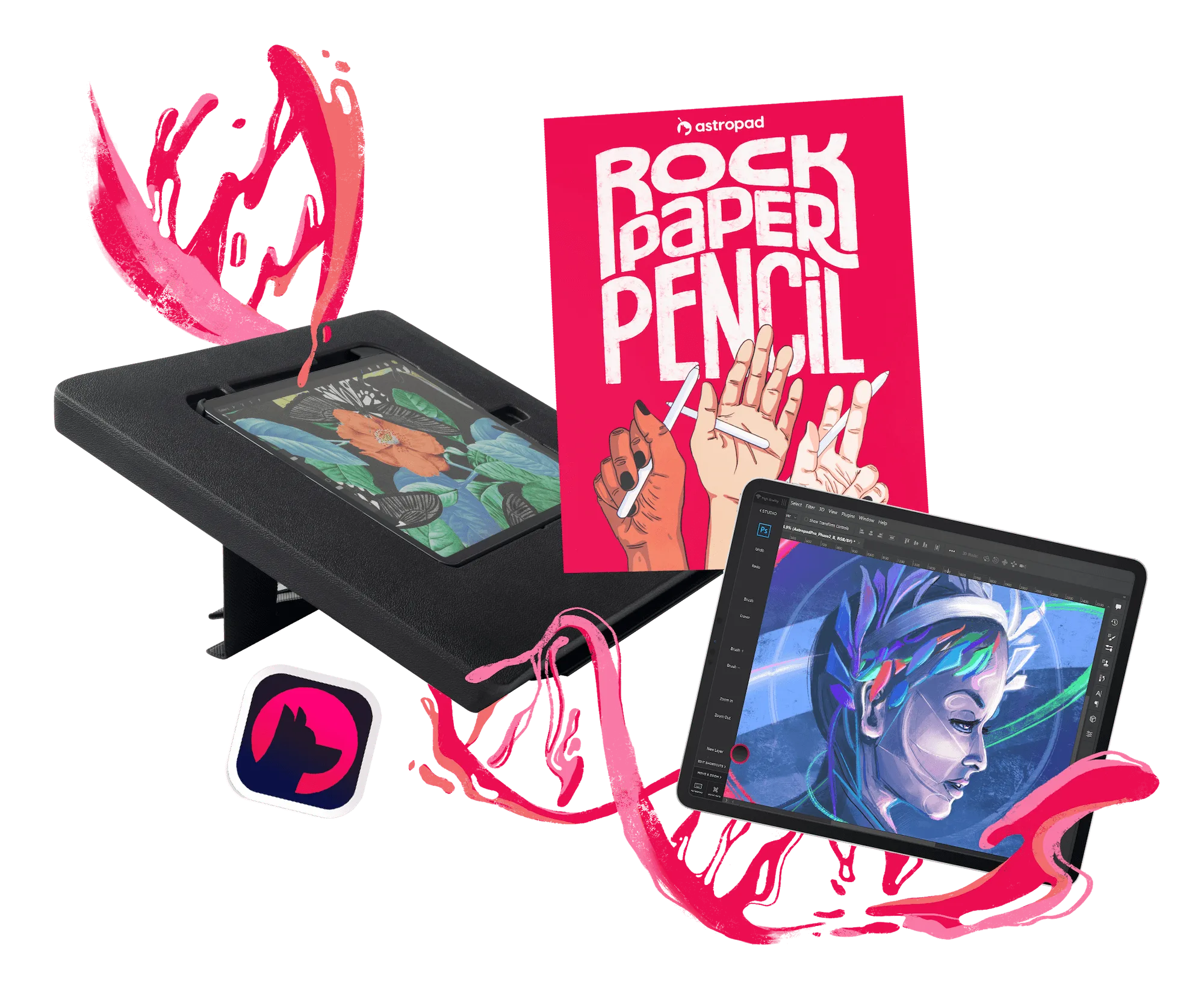 Tablet displaying digital artwork, next to a vibrant pink box labeled "astropad ROCK PAPER PENCIL." A smaller tablet and application icon are nearby, surrounded by colorful paint strokes.