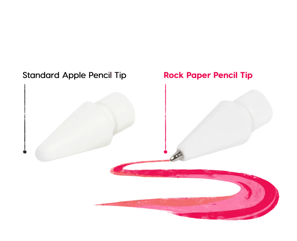 two Apple Pencil tips being compared, with one containing a metal tip and a pink paint stroke trailing from the metal tip