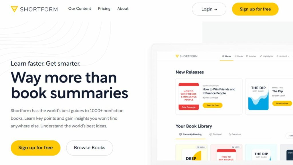 screenshot of shortform website that says "way more than book summaries" and shows their book library user interface