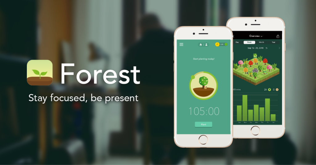 screenshots of the forest app showing productivity timer