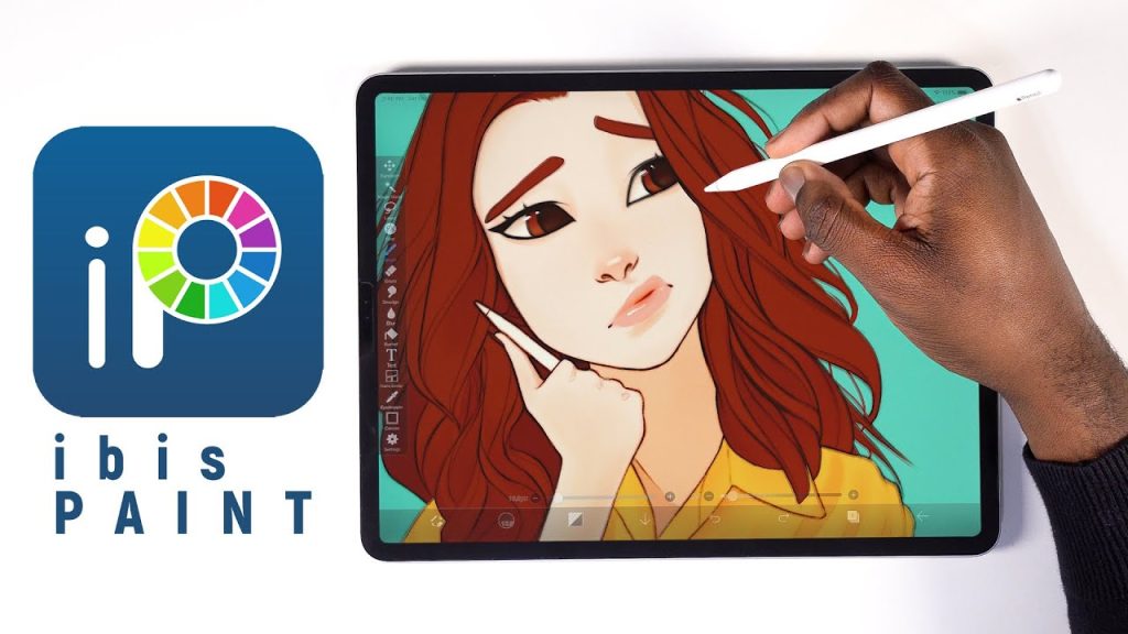ibis paint app logo and an ipad with a drawing of a girl on the screen 