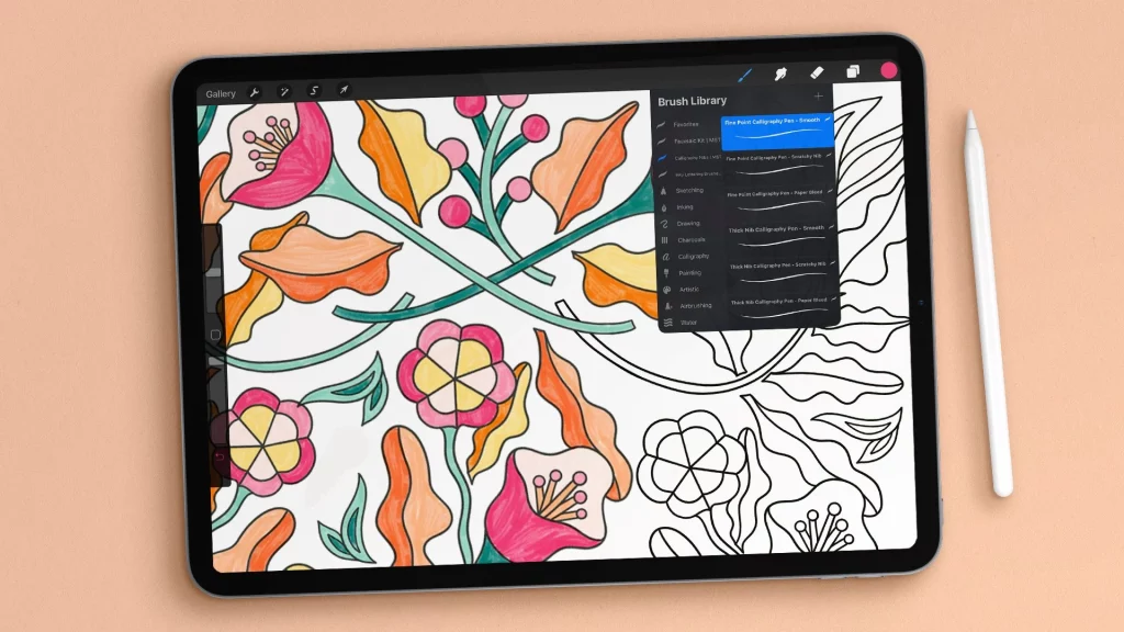 ipad with drawing of flowers in procreate