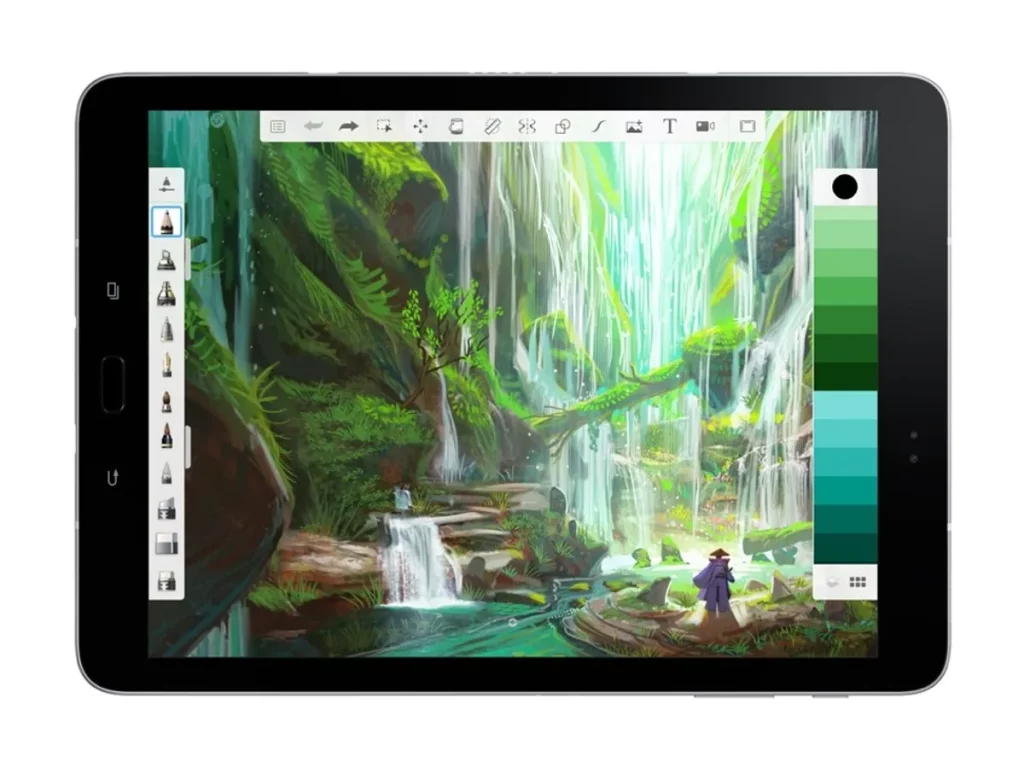 ipad with sketchbook app open and a drawing of a waterfall on the screen 