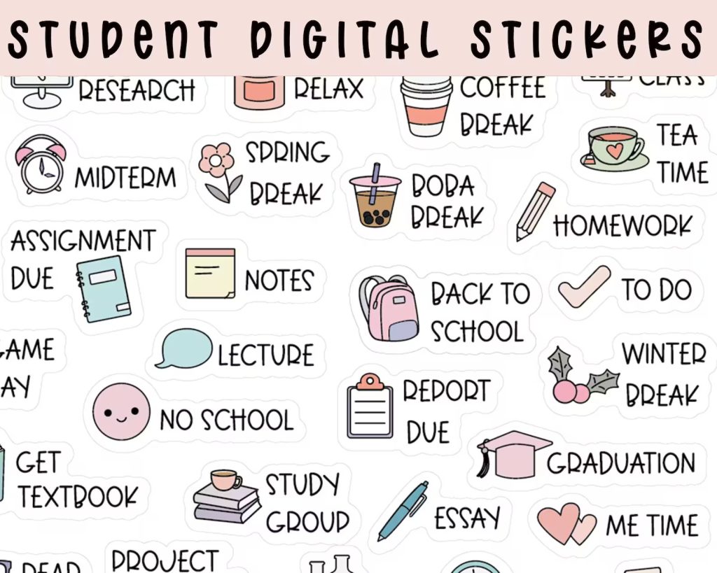 a collage of different student themed stickers with a heading that says "student digital stickers"