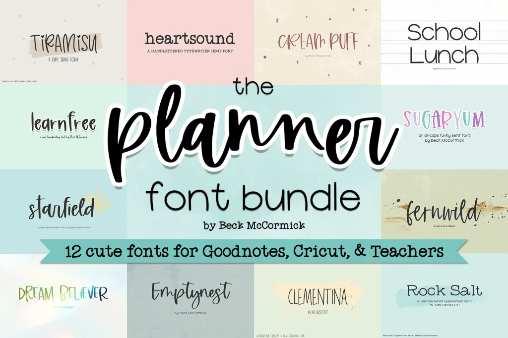 A collage of different fonts with a heading in the middle that says "the planner font bundle"