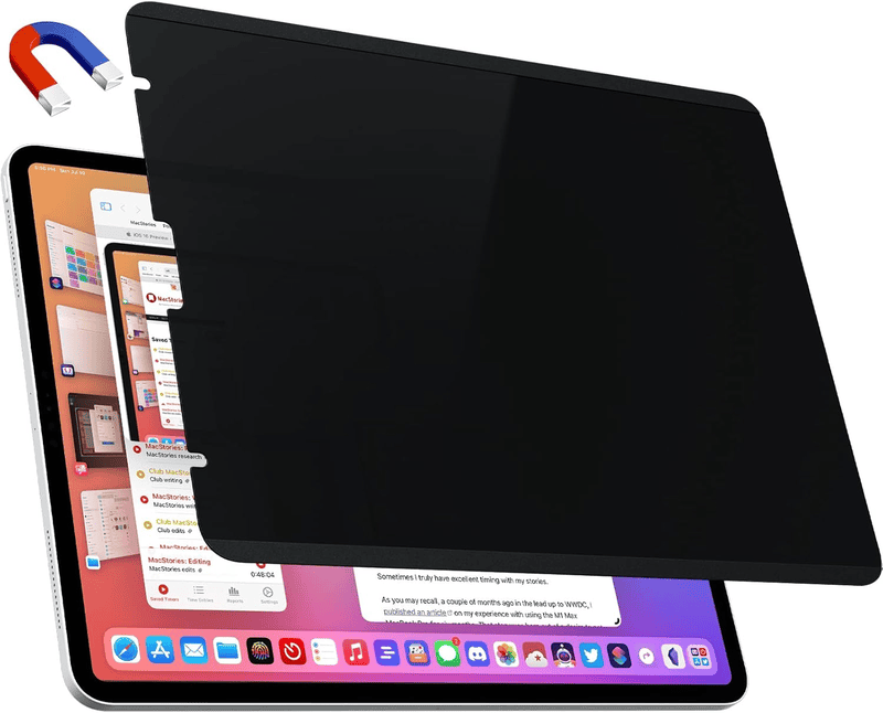 An iPad with a black film hovering above it. A magnet is pictured in the top left above the iPad, implying the film is applied magnetically