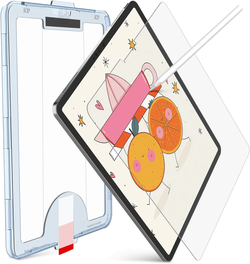 An iPad with a screen protector hovering over it sitting at a skewed angle in front of a plastic installation frame