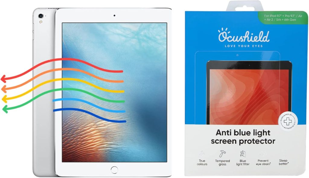 anti-blue light screen protector product designed for iPads. On the left, there's an iPad with a colorful wave graphic (red, orange, yellow, green, and blue) symbolizing harmful light emissions being blocked. On the right, the Ocushield product packaging is visible, prominently labeled âAnti blue light screen protector.â