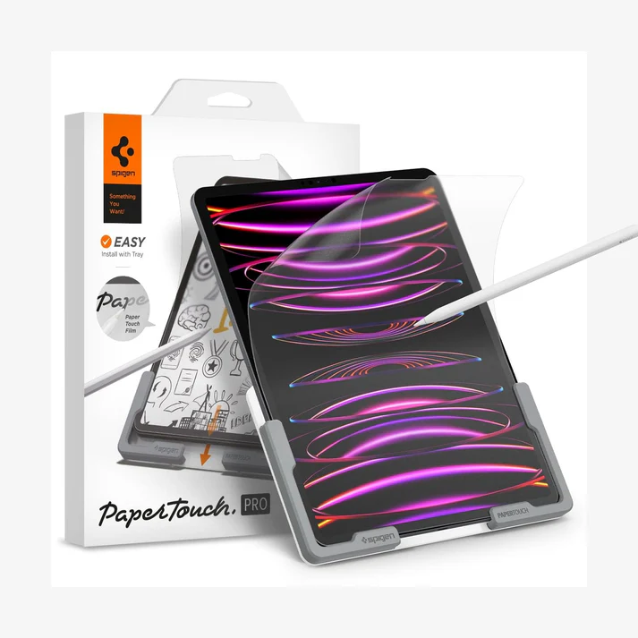screen protector for iPad with paper-like texture, shown with stylus and easy installation tray for digital drawing and note-taking.