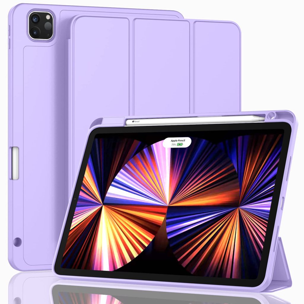 Purple ZryXal iPad Stand holding an iPad, front and back of case is shown