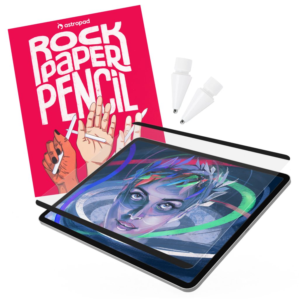 Rock Paper Pencil packaging with magnetic screen protector and ballpoint pencil tips. 