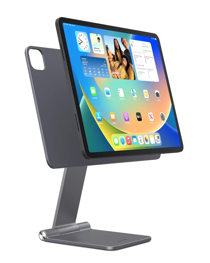 iPad hovering over a Lululook Magnetic iPad Stand