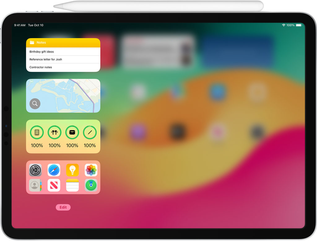 iPad home screen with Apple pencil battery widget 