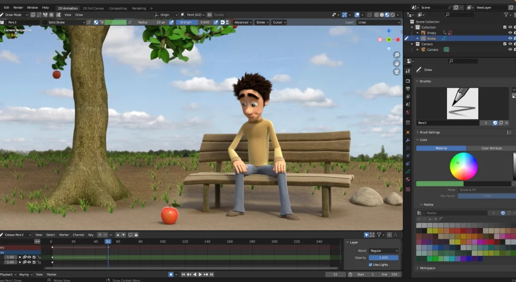 Screenshot of cartoon animation in Blender software 
