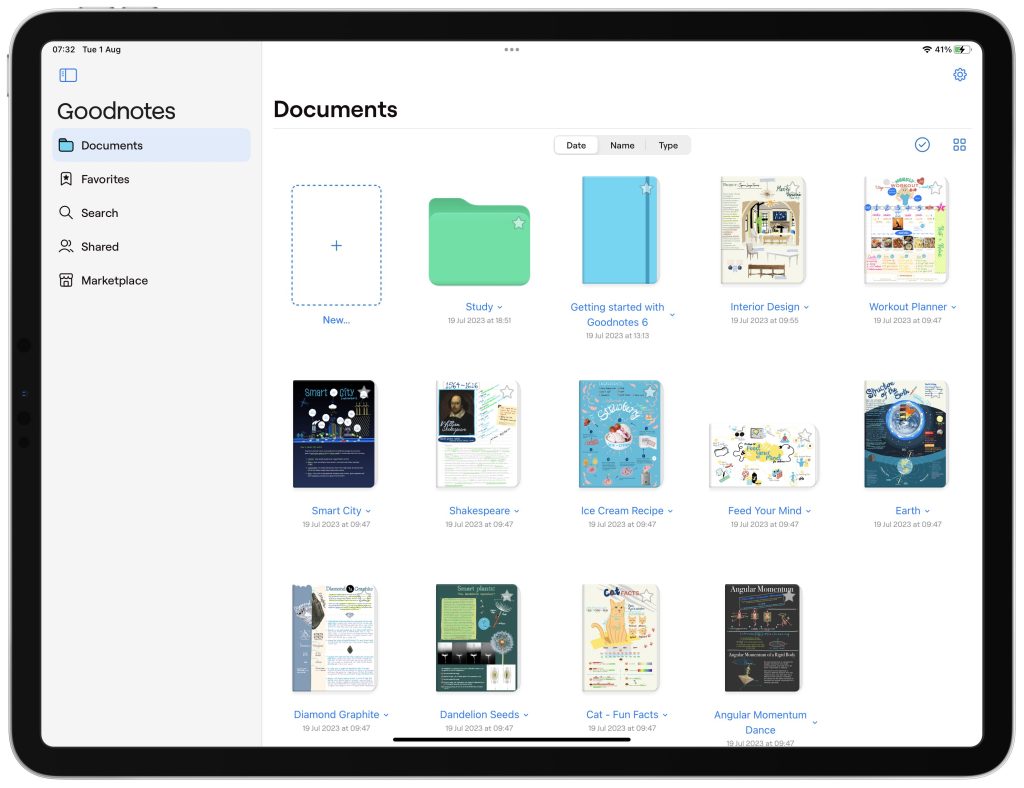 screenshot of goodnotes home screen with folders and navigation 