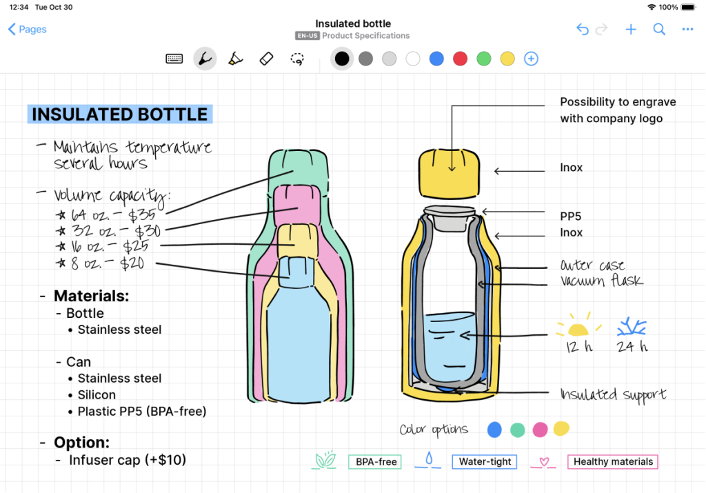 Screenshot of Nebo notes showing a water bottle design 