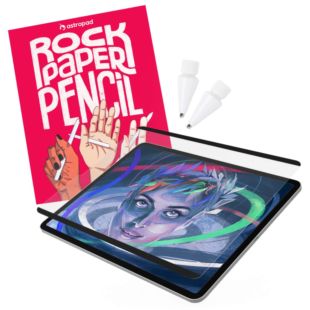 Rock Paper Pencil packaging, magnetic screen protector, and ballpoint pencil tips 