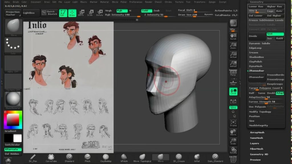 Screenshot of sculpting a head figure in Zbrush 