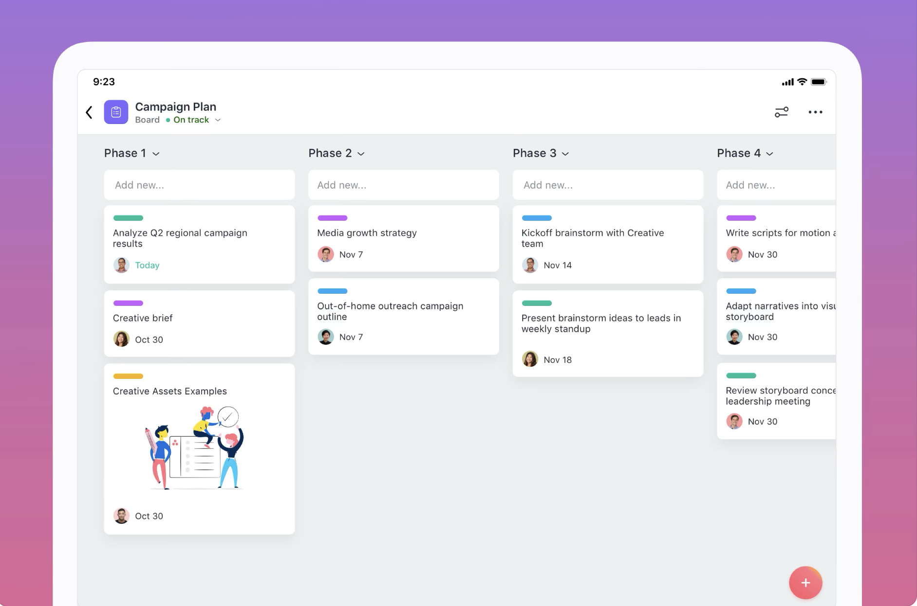 asana app on ipad showing tasks in 4 different phases